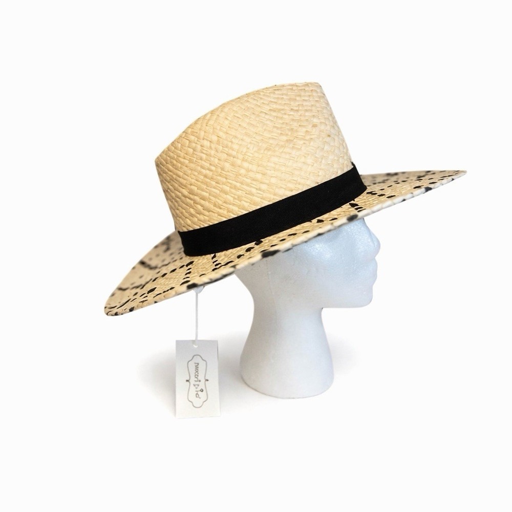 Mud Pie Straw Boater Hat One Size Natural Wide Brim Black Band Speckled